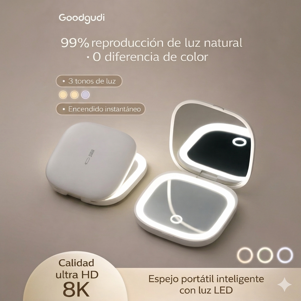 Espejo de maquillaje portátil e inteligente con luz LED